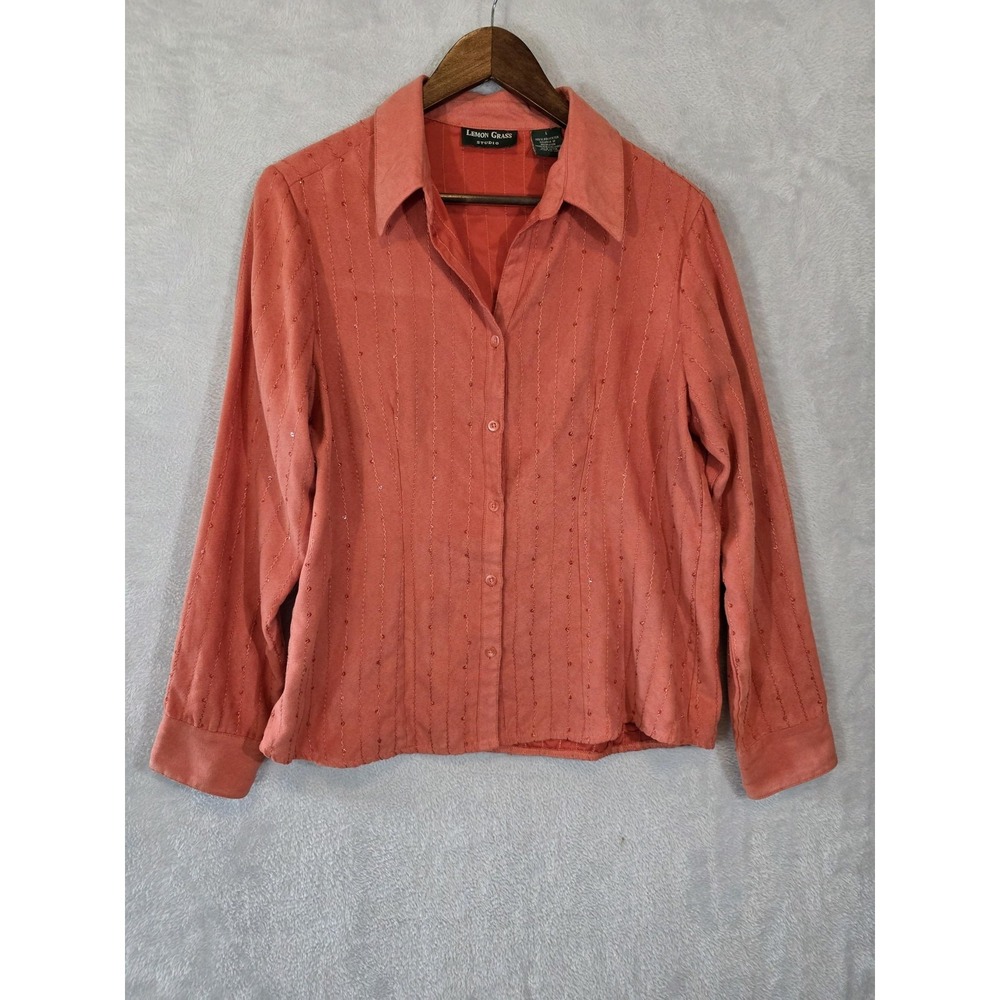 EUC Lemon Grass Studio Blouse Women L Orange Sequin Stripe Vintage Western Vegan